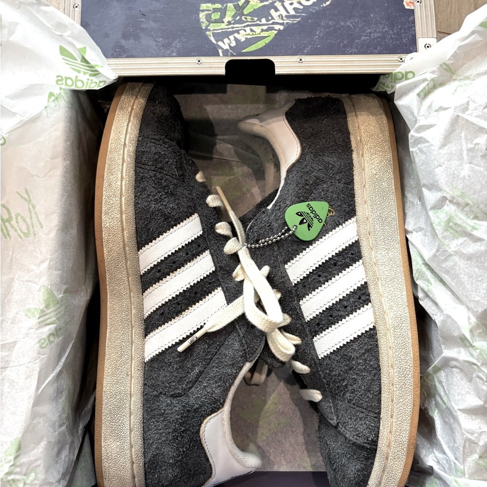 Size 8.5 Korn Adidas Campus sneaker. Three laces in cream, green and black.